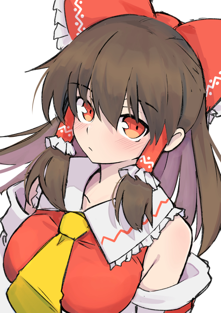 1girl absurdres ascot bow brown_hair closed_mouth collarbone hair_bow hair_tubes hakurei_reimu highres looking_at_viewer medium_hair red_bow red_eyes sidelocks simple_background solo touhou upper_body white_background yellow_ascot yuuka_(a0240765)