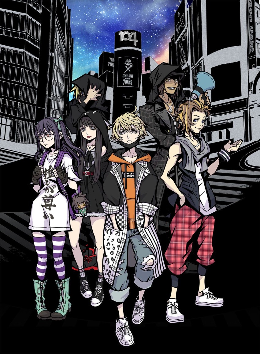 building city furesawa_tousai glasses highres hood hood_up hoodie jacket kanade_rindou looking_at_viewer mask matsunae_tsugumi megaphone minamimoto_sho mouth_mask nomura_tetsuya official_art pants pantyhose sakuraba_neku scarf shibuya_(tokyo) shin_subarashiki_kono_sekai sky smile square_enix standing star_(sky) starry_sky striped_clothes striped_legwear striped_pantyhose subarashiki_kono_sekai tokyo_(city) torn_clothes torn_pants usui_nagi