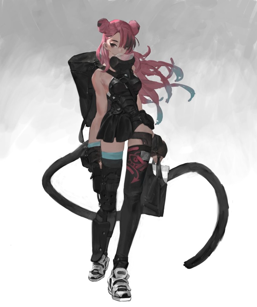 1girl absurdres armor asymmetrical_hair breastplate double_bun gloves hair_bun hair_over_one_eye highres long_hair looking_at_viewer mask mouth_mask multicolored_hair original pink_eyes pink_hair solo tail thighhighs wan_young_yun