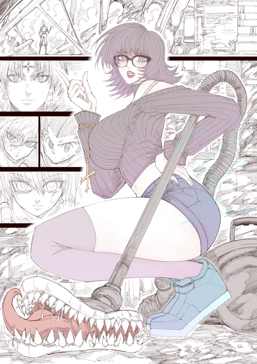1girl absurdres black_hair black_sweater blinky_(hunter_x_hunter) breasts chrollo_lucilfer cross denim denim_shorts glasses gon_freecss highres hisoka_morow hunter_x_hunter inverted_cross inverted_cross_necklace jun_wu_mo killua_zoldyck kurapika large_breasts looking_at_viewer midriff navel red_lips shizuku_murasaki shoes short_hair shorts solo_focus sweater tattoo thick_thighs thighhighs thighs turtleneck turtleneck_sweater