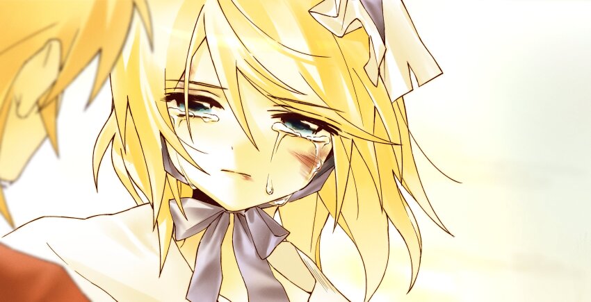 1boy 1girl absurdres blonde_hair blue_eyes blurry blurry_foreground crying crying_with_eyes_open highres hynn0x_x kagamine_len kagamine_rin light_frown ribbon tears vocaloid white_background