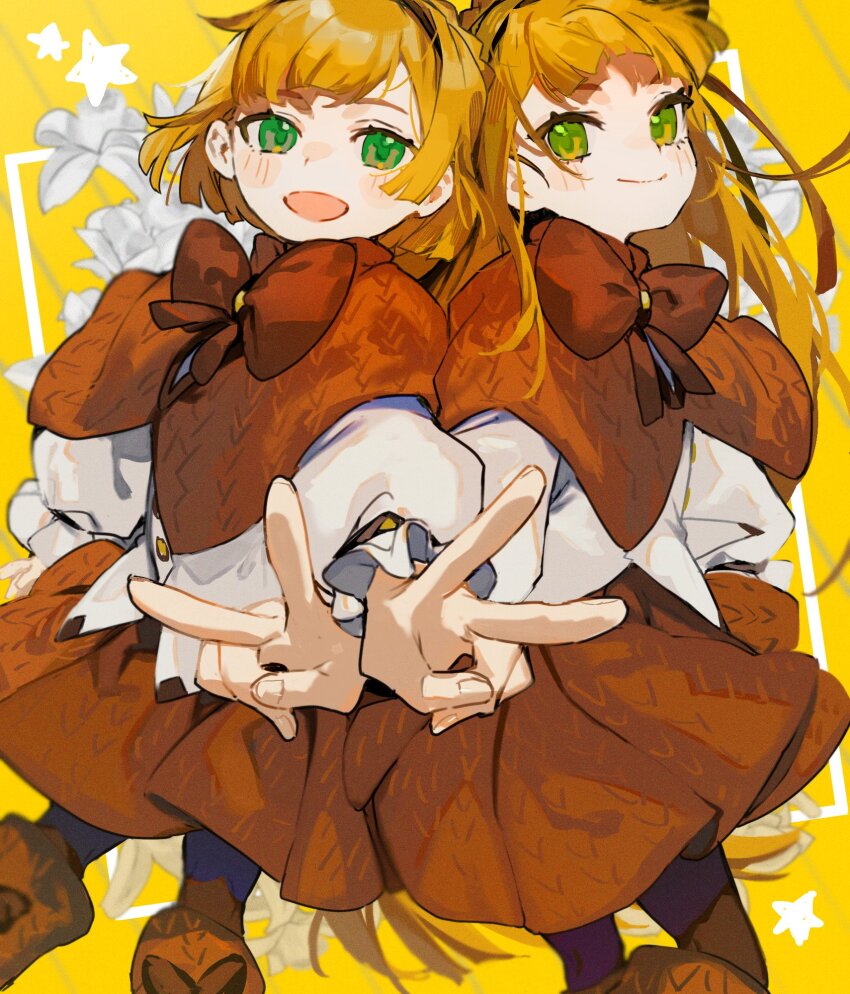 1boy 1girl black_pantyhose blonde_hair bow bowtie braid brown_bow brown_bowtie brown_capelet brown_hairband brown_shoes brown_skirt capelet crown_braid green_eyes hairband hamelon310 highres lobotomy_corporation long_hair long_sleeves looking_at_viewer pantyhose project_moon shirt shoes short_hair simple_background skirt standing tiphereth_a_(project_moon) tiphereth_b_(project_moon) upper_body v white_shirt yellow_background