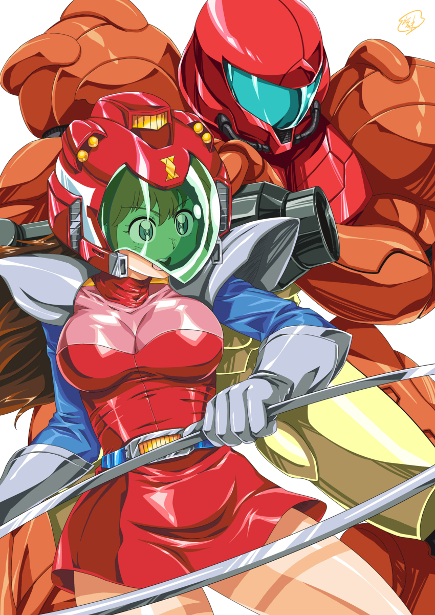 2girls arm_cannon armor breasts brown_hair commission faux_retro_artstyle gloves grey_gloves helmet highres holding holding_weapon kanda_momo long_sleeves medium_breasts metroid mizu_sazanami multiple_girls nintendo pixiv_commission power_armor power_suit power_suit_(metroid) red_skirt samus_aran shoulder_pads skirt varia_suit weapon white_background wonder_momo