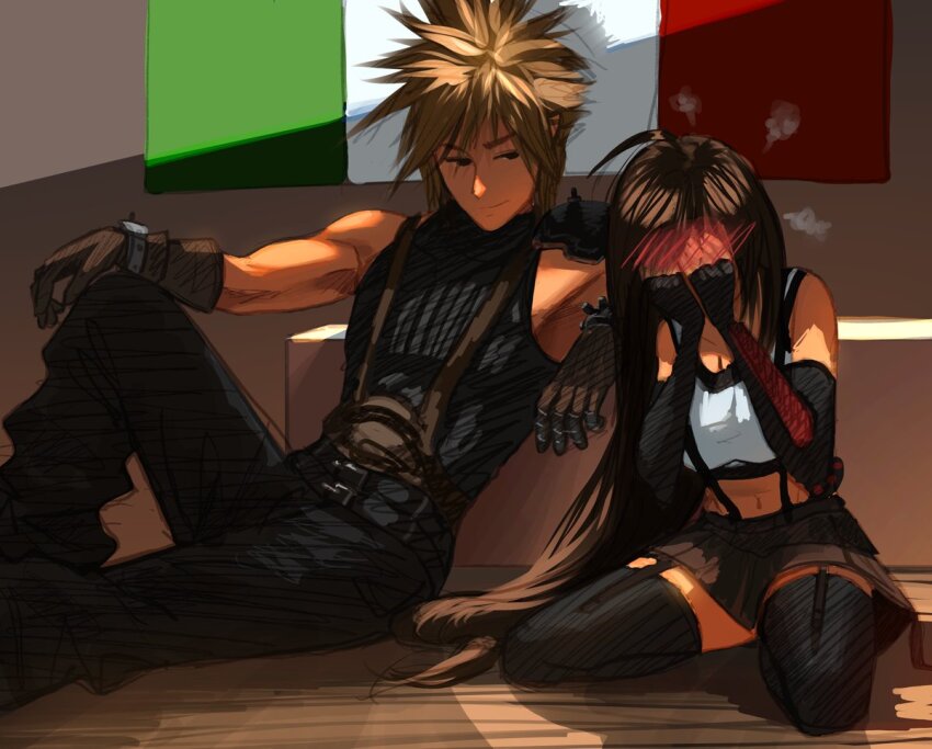 1boy 1girl anniversary armpits black_hair blonde_hair blush breasts cleavage cloud_strife covering_face embarrassed final_fantasy final_fantasy_vii final_fantasy_vii_remake italian_flag italian_senate_porn_livestream_(meme) large_breasts long_hair looking_at_another low-tied_long_hair meme muscular muscular_male pectorals safaia skirt sleeveless sleeveless_turtleneck smile spiked_hair suspender_skirt suspenders tank_top thighhighs tifa_lockhart turtleneck white_tank_top