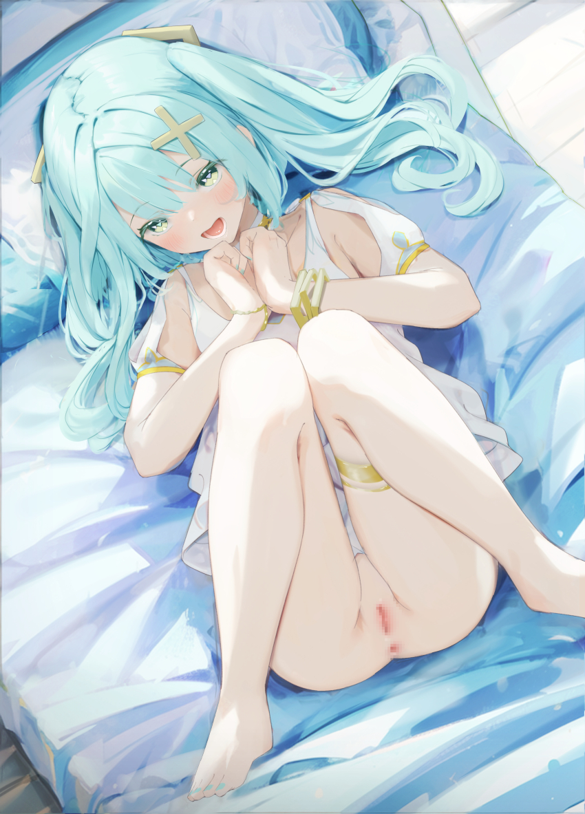 1girl absurdres anus aqua_hair bare_shoulders blue_hair blush bracelet breasts censored dress faruzan_(genshin_impact) genshin_impact green_eyes gusha_s hair_ornament hair_spread_out highres jewelry long_hair looking_at_viewer lying mosaic_censoring on_back open_mouth pussy short_sleeves small_breasts solo symbol-shaped_pupils thighlet triangle-shaped_pupils twintails white_dress x_hair_ornament