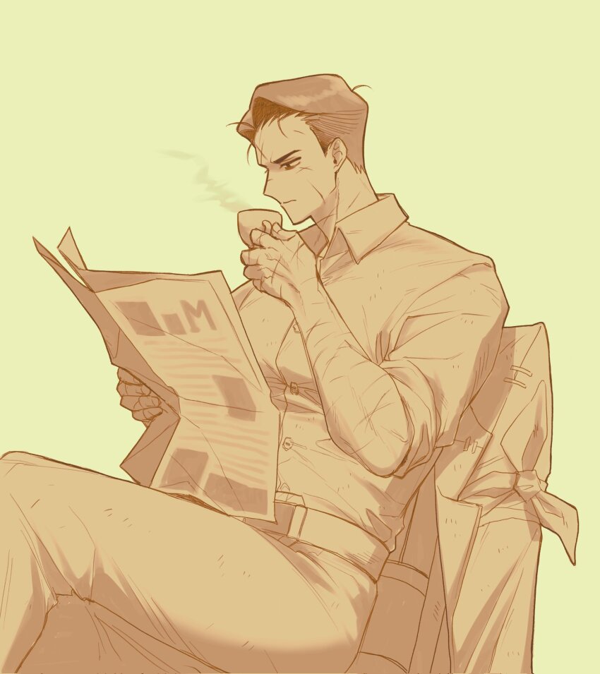 1boy belt blonde_hair chair collared_shirt crossed_legs cup hair_slicked_back highres holding holding_cup holding_newspaper jacket lcb_uniform_(project_moon) leaning_back limbus_company male_focus meursault_(project_moon) multiple_scars narrowed_eyes newspaper nyak_138 on_chair project_moon scar scar_on_arm scar_on_face scars_all_over sepia serious shirt short_hair sitting solo steam too_many unworn_jacket yellow_theme