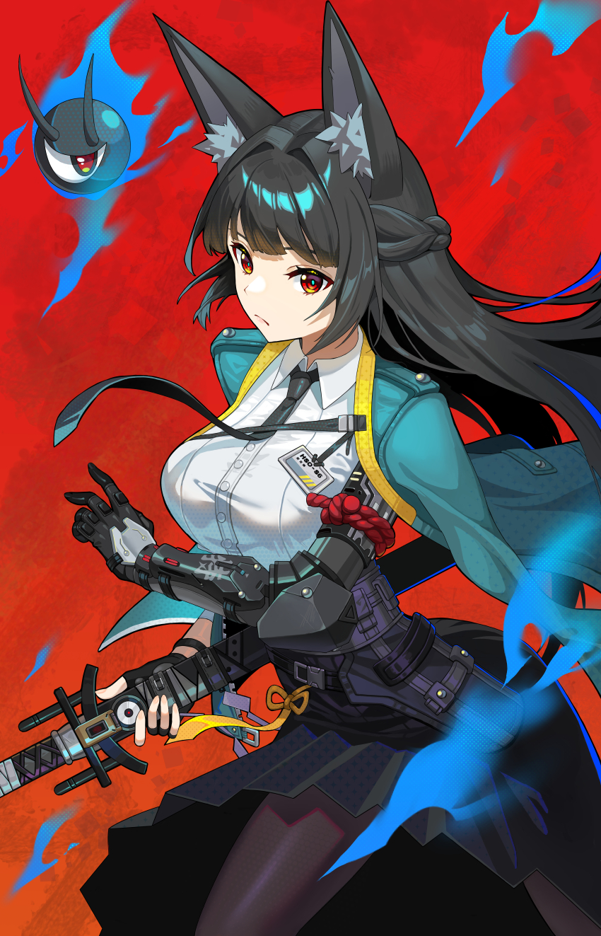 1girl absurdres animal_ear_fluff animal_ears binnn_ze black_gloves black_hair black_necktie black_pantyhose black_skirt blue_fire blunt_bangs braid breasts closed_mouth commentary cowboy_shot dress_shirt fingerless_gloves fingerprint fire fox_ears fox_girl frown gauntlets gloves gradient_background green_jacket hair_intakes half_up_braid halftone high-waist_skirt highres holding holding_sword holding_weapon hoshimi_miyabi id_card jacket katana large_breasts long_hair looking_at_viewer looking_to_the_side necktie open_clothes open_jacket orange_background pantyhose pleated_skirt red_background red_eyes ribbon sheath sheathed shirt sideways_glance single_fingerless_glove single_gauntlet skirt solo sword tailless_(zenless_zone_zero) weapon white_shirt yellow_ribbon zenless_zone_zero