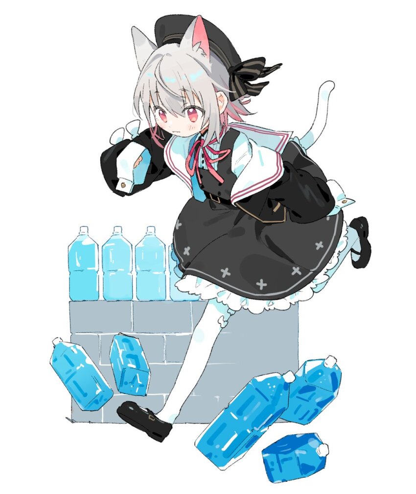 1girl animal_ears belt beret black_belt black_dress black_hat black_jacket black_ribbon black_shoes blush brick_wall cat_ears cat_girl cat_tail closed_mouth colored_inner_hair commentary_request dress full_body grey_hair hat highres hitogome jacket light_smile long_sleeves mary_janes multicolored_hair neck_ribbon off_shoulder pantyhose pinafore_dress pink_eyes pink_hair pink_ribbon plastic_bottle ribbed_shirt ribbon ribbon-trimmed_headwear ribbon_trim running sailor_collar sayo_(voicevox) shirt shoes simple_background sleeveless sleeveless_dress sleeves_past_fingers sleeves_past_wrists solo tail voicevox white_background white_pantyhose white_sailor_collar white_shirt