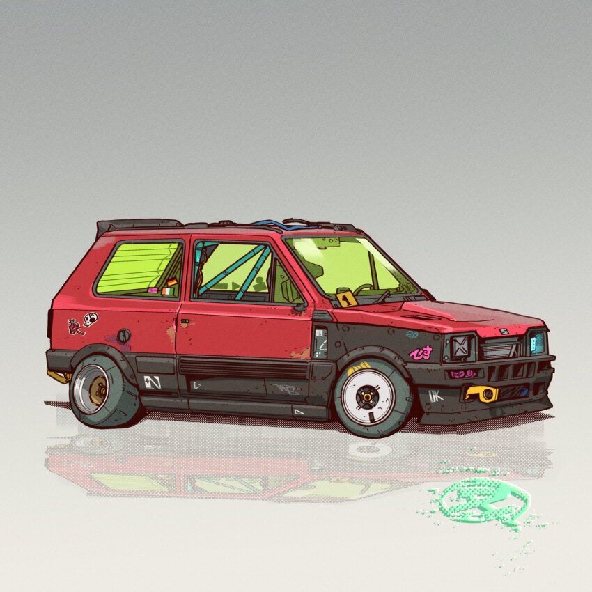 car commission fernando_correa german_flag glitch grey_background highres irish_flag motor_vehicle no_humans original red_car reflection seat_marbella shadow stance_(vehicle) sticker vehicle_focus