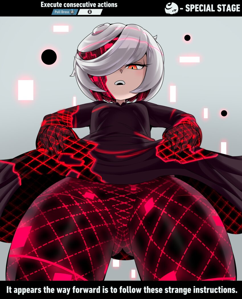 1girl absurdres black_pantyhose captain_kirb dress female_focus from_below glitch gluteal_fold hair_over_one_eye highres one_eye_covered pantyhose red_eyes red_theme sage_(sonic) sega solo sonic_(series) tagme thick_thighs thighs upskirt white_hair wide_hips
