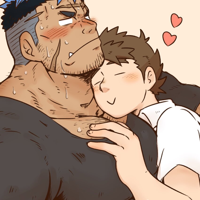 2boys :&lt; =_= bara beard_stubble blank_eyes blue_hair blush cross_scar dark-skinned_male dark_skin eyebrow_stubble facial_hair facial_scar from_side hairy hand_on_another&#039;s_chest highres large_pectorals live_a_hero loving_aura male_focus male_protagonist_(live_a_hero) mature_male multicolored_hair multiple_boys muscular muscular_male nervous_sweating pectoral_cleavage pectorals saruhiko_(mtmnkmn) scar scar_on_cheek scar_on_face scar_on_forehead shirt short_hair shy sideburns_stubble size_difference sparse_arm_hair sparse_chest_hair sparse_stubble stubble sweat t-shirt tank_top thick_eyebrows thick_neck tusks two-tone_hair undercut yaoi yoshiori_(live_a_hero)