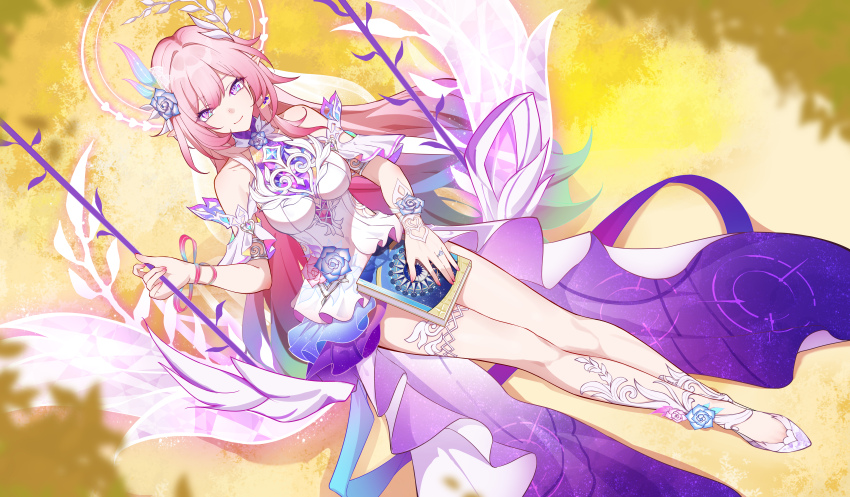 1girl absurdres as_i&#039;ve_written_(honkai:_star_rail) bare_shoulders book breasts closed_mouth commentary cyrene_(honkai:_star_rail) flower from_above full_body gokusaishiki_(1376145360) hair_flower hair_ornament highres holding holding_book honkai:_star_rail honkai_(series) large_breasts long_hair looking_at_viewer on_swing pink_hair pink_nails pointy_ears purple_eyes purple_flower sidelocks smile solo swing very_long_hair