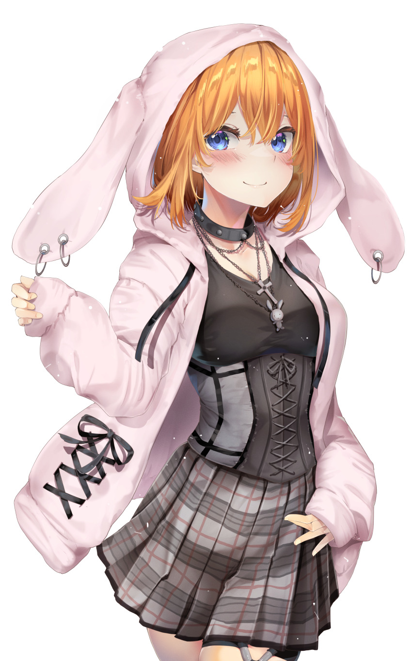 1girl absurdres animal_ears black_choker black_corset black_ribbon black_shirt blue_eyes blush breasts choker closed_mouth commentary corset cross cross_necklace curvy eyebrows_hidden_by_hair eyelashes go-toubun_no_hanayome grey_skirt hair_between_eyes hand_up highres hood hood_up hoodie jewelry large_breasts long_sleeves looking_at_viewer medium_hair nakano_yotsuba necklace orange_hair pink_hoodie plaid_clothes plaid_skirt pleated_skirt rabbit rabbit_ears ribbon shirt simple_background skirt sleeves_past_wrists smile solo standing thigh_strap white_background yuunamida_uyu