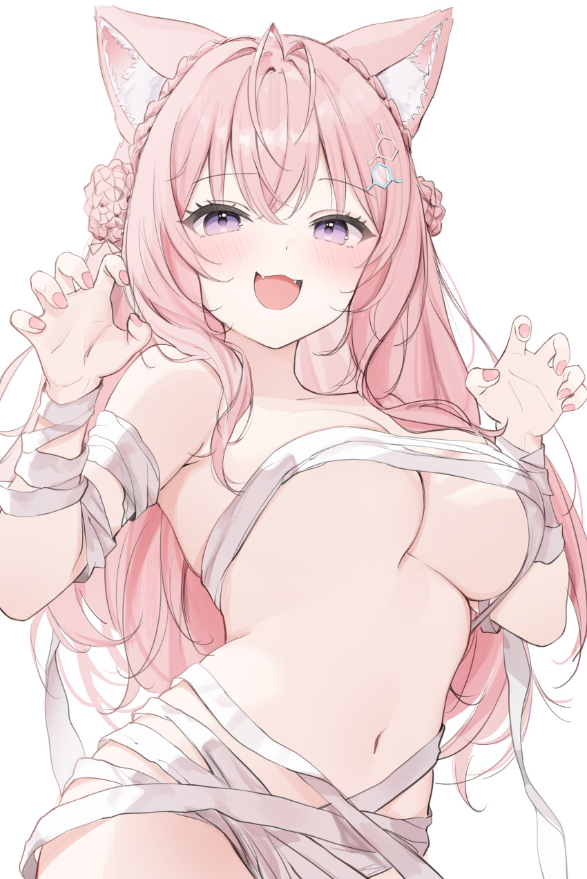 1girl :d absurdres animal_ear_fluff animal_ears bandaged_arm bandages braid braided_bun breasts crown_braid double-parted_bangs double_bun fangs hair_bun hakui_koyori hands_up hexagon_hair_ornament highres hololive large_breasts long_hair looking_at_viewer nail_polish naked_bandage navel navrl open_mouth pink_hair pink_nails pink_tail purple_eyes sidelocks simple_background smile solo stomach underboob very_long_hair virtual_youtuber white_background wolf_ears wolf_girl yumiewuri