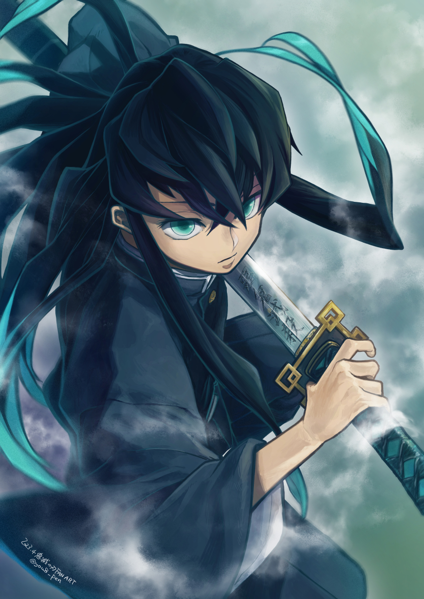 1boy absurdres black_hair closed_mouth demon_slayer_uniform expressionless fighting_stance fog gradient_hair green_eyes green_hair highres holding holding_sword holding_weapon katana kimetsu_no_yaiba long_hair male_focus multicolored_hair solo sword sword_writing tokitou_muichirou weapon you8_pen