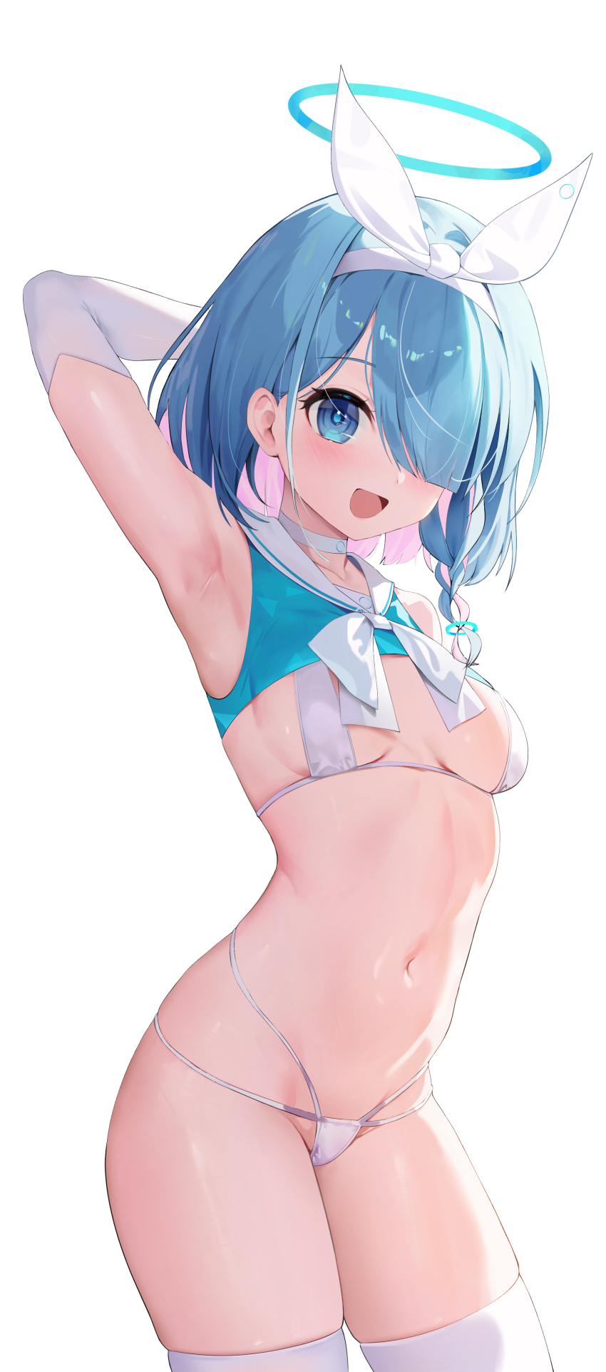 1girl absurdres armpits arms_behind_head arona_(blue_archive) bikini blue_archive blue_eyes blue_hair blue_halo blush breasts choker colored_inner_hair cowboy_shot groin halo highres multicolored_hair navel open_mouth pink_hair rable sailor_collar short_hair simple_background skindentation small_breasts smile solo swimsuit thighhighs thighs white_background white_bikini white_choker white_sailor_collar white_thighhighs
