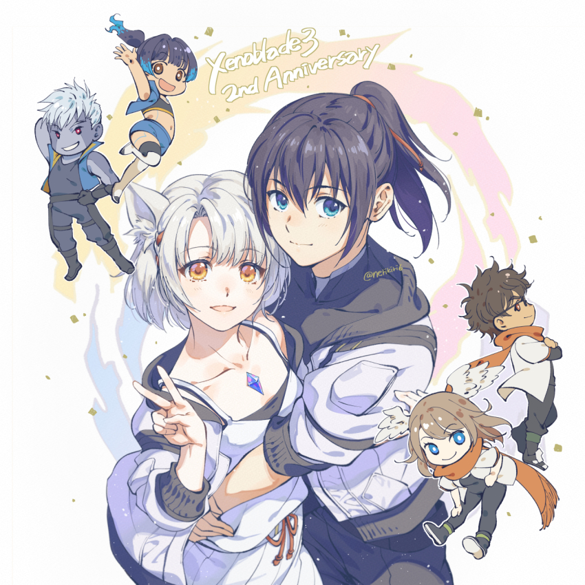 3boys 3girls alternate_costume animal_ear_fluff animal_ears anniversary black_hair black_pants black_shirt blue_eyes blue_vest cat_ears chest_jewel chibi commentary_request copyright_name core_crystal_(xenoblade) cosplay crossed_arms dark-skinned_male dark_skin eunie_(xenoblade) grey_hair hair_between_eyes highres hug jacket lanz_(xenoblade) long_hair midriff mio_(xenoblade) mio_(xenoblade)_(cosplay) multiple_boys multiple_girls navel nerikiri6 noah_(xenoblade) open_clothes open_jacket orange_scarf pants ponytail scarf sena_(xenoblade) sena_(xenoblade)_(cosplay) shirt short_hair taion_(xenoblade) taion_(xenoblade)_(cosplay) twitter_username v vest white_jacket white_shirt xenoblade_chronicles_(series) xenoblade_chronicles_3 yellow_eyes