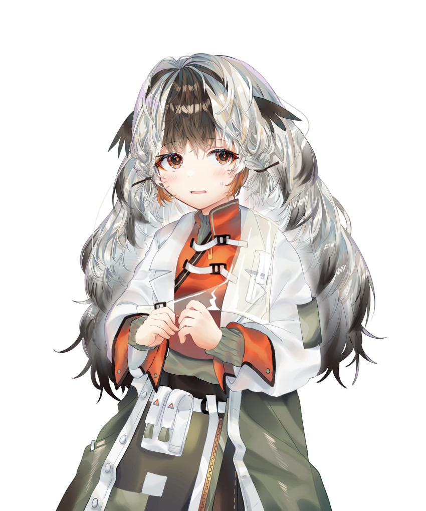 1girl 414_(hncx3355) arknights black_hair commission highres jacket korean_commentary long_hair looking_at_viewer multicolored_hair open_mouth orange_shirt red_eyes shirt simple_background snowsant_(arknights) solo sweatdrop upper_body white_background white_hair white_jacket