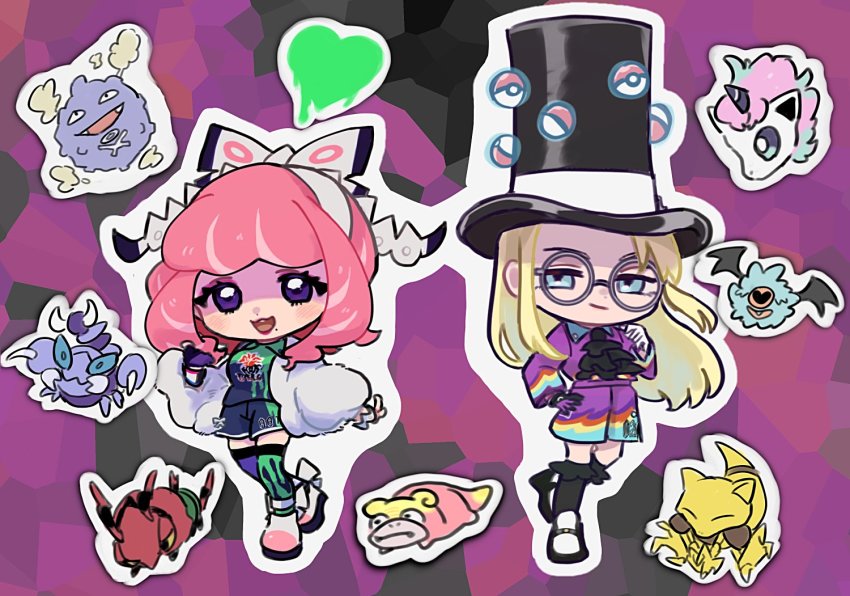1boy 1girl :d abra ascot asymmetrical_gloves asymmetrical_legwear avery_(pokemon) black_ascot black_headwear black_thighhighs blonde_hair blue_eyes blush bracelet chibi closed_mouth collared_shirt dynamax_band eneko_(olavcnkrpucl16a) eyeshadow fur_jacket galarian_form galarian_ponyta galarian_slowpoke gen_1_pokemon gen_4_pokemon gen_5_pokemon gen_8_pokemon glasses gloves hat jacket jewelry klara_(pokemon) koffing long_hair looking_at_viewer makeup mismatched_gloves mismatched_legwear mole mole_under_mouth nintendo open_mouth pink_eyeshadow pink_hair pokemon pokemon_(creature) pokemon_swsh round_eyewear shirt shoes shorts single_glove skorupi smile socks teeth thighhighs tongue top_hat upper_teeth_only venipede white_jacket woobat