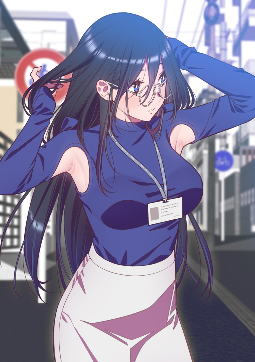 1girl andrian_januar_adilia armpit_cutout armpits black_hair blue_eyes blue_shirt breasts clothing_cutout commentary english_commentary glasses hands_up highres id_card lanyard large_breasts long_hair long_sleeves looking_afar original outdoors parted_lips pencil_skirt round_eyewear shirt skirt solo standing turtleneck turtleneck_shirt upper_body white-framed_eyewear white_skirt