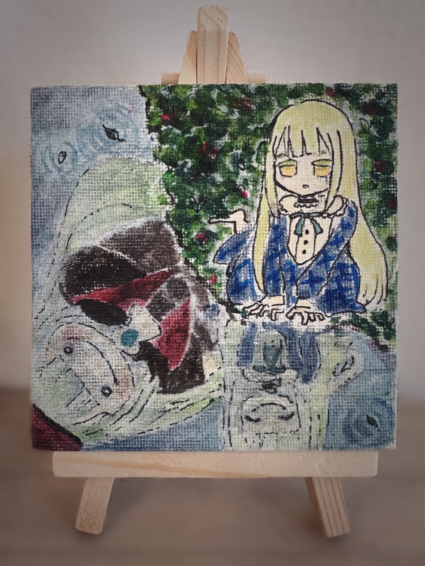 3girls ^_^ absurdres ascot bang_dream! bang_dream!_it&#039;s_mygo!!!!! blue_brooch blue_dress blunt_bangs blush canvas_(object) character_doll choker closed_eyes closed_mouth colored_eyelashes commentary_request different_reflection dress easel false_smile frilled_choker frills green_hair green_ribbon hat highres long_hair long_sleeves mortis_(bang_dream!) mortis_(costume)_(bang_dream!) mortis_(persona)_(bang_dream!) multiple_girls multiple_persona neck_ribbon o_o painting_(medium) parted_lips photo_(medium) plaid_clothes plaid_dress red_hat reflection reflective_water ribbon ripples sasaki_rico_(artist) sitting sleeve_cuffs smile spoilers tears traditional_media wakaba_mutsumi wakaba_mutsumi_(doll) wariza watercolor_(medium) white_ascot yellow_eyes