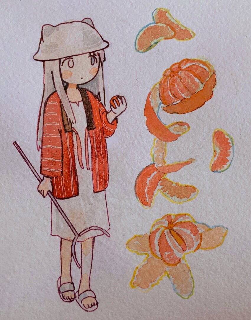1girl blush_stickers commentary dress english_commentary food fruit hanten_(clothes) helmet heterochromia highres holding holding_orange holding_staff io_(onisarashi) long_hair looking_to_the_side orange_(fruit) orange_peel painting_(medium) paper_texture peeling sandals shimeji_simulation simple_background solo staff the_gardener_(shimeji_simulation) traditional_media watercolor_(medium) white_dress white_hair