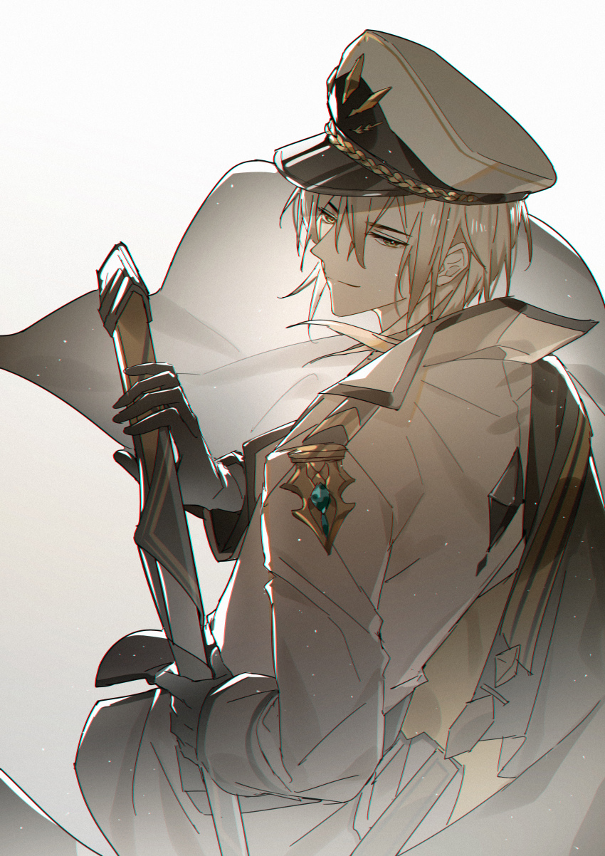 1boy absurdres alkaid_mcgrath alkaid_mcgrath_(infinite_empire) belt black_belt black_cape black_gloves blonde_hair cape closed_mouth fighting_stance from_behind gloves gold_trim green_eyes hair_between_eyes hat highres holding holding_sword holding_weapon jacket kazenemuri light_particles long_sleeves looking_at_viewer looking_back lovebrush_chronicles male_focus medium_hair military_hat military_uniform peaked_cap ready_to_draw sheath sheathed side_cape sideways_glance simple_background sleeve_cuffs smirk solo standing sword upper_body weapon white_background white_hat white_jacket