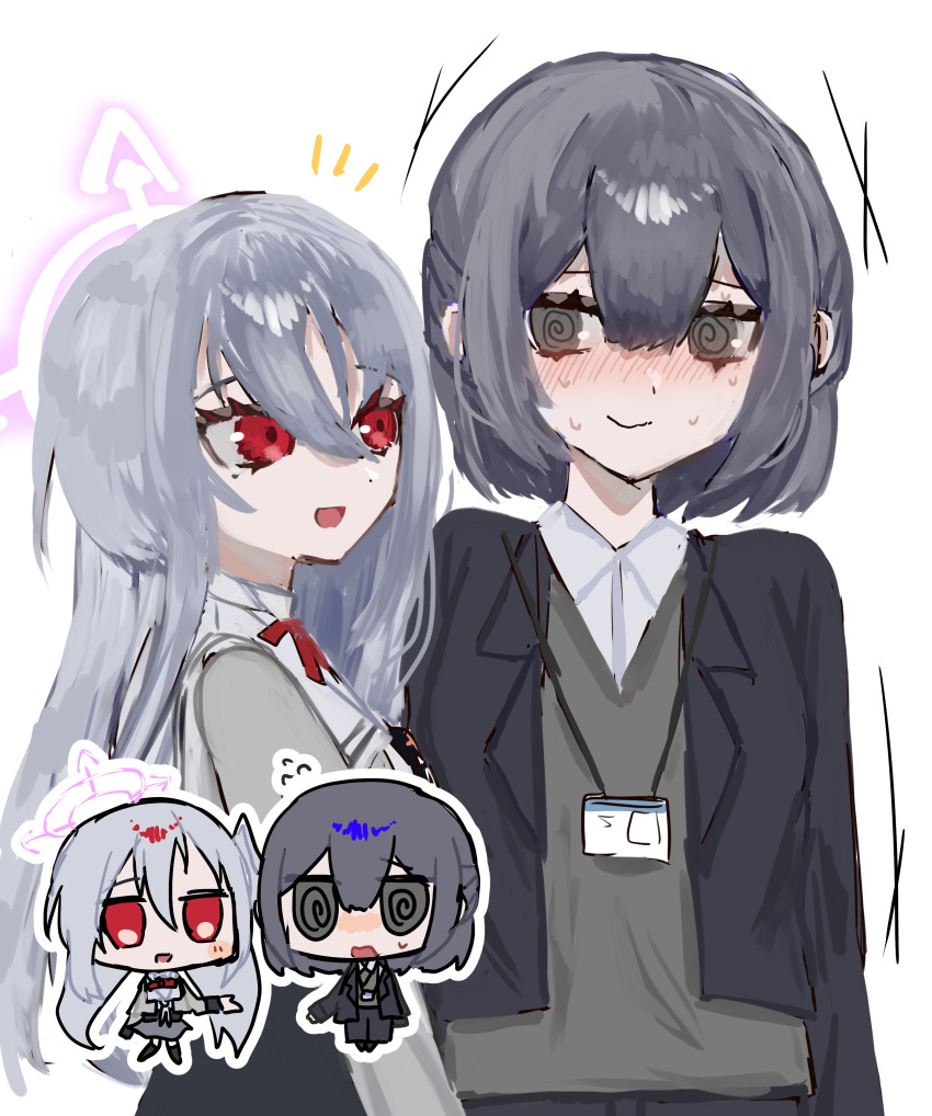 2girls absurdres bad_id bad_pixiv_id blazer blue_archive blush chibi chibi_inset collared_shirt female_sensei_(blue_archive) flustered grey_eyes grey_hair grey_jacket gyogyo150 hair_between_eyes half_updo head_wings highres jacket lanyard long_hair looking_at_another mole mole_under_eye multiple_girls nervous_sweating notice_lines office_lady red_eyes school_uniform sensei_(blue_archive) shirt short_hair single_head_wing smile suzumi_(blue_archive) sweat sweater_vest upper_body very_long_hair white_hair wings