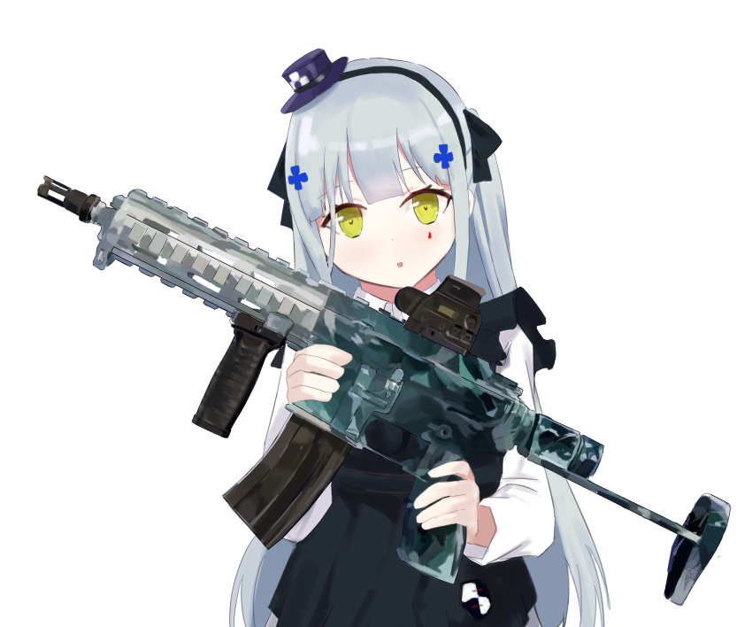 1girl ar-15 assault_rifle black_dress black_hairband black_ribbon blunt_bangs blush chinese_commentary collared_shirt commentary_request dress eotech girls&#039;_frontline green_eyes grey_hair gun hair_ornament hair_ribbon hairband hat highres hk416_(black_kitty&#039;s_gift)_(girls&#039;_frontline) hk416_(girls&#039;_frontline) holding holding_gun holding_weapon long_hair long_sleeves looking_at_viewer magazine_(weapon) mini_hat parted_lips purple_hat ribbon rifle s41ty shirt sidelocks solo standing tattoo teardrop_tattoo tilted_headwear top_hat upper_body very_long_hair weapon white_shirt