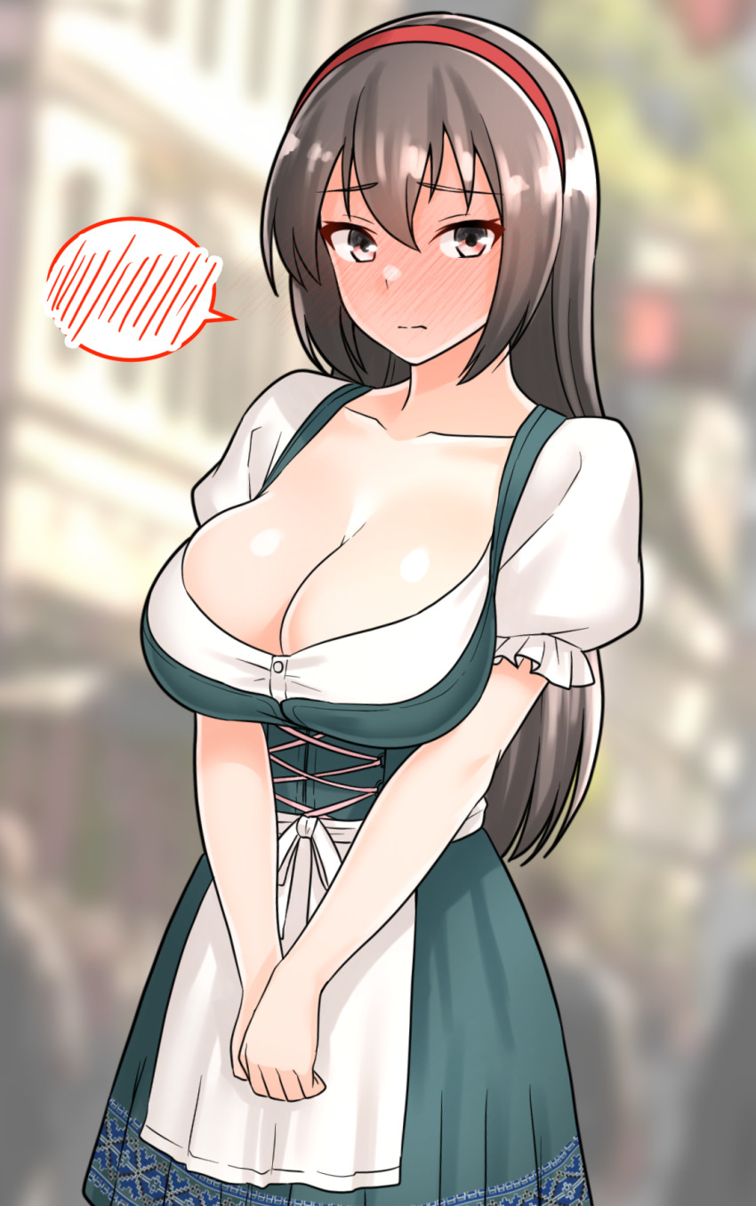 1girl alternate_costume apron barmaid black_hair blurry blurry_background blush bodice breasts brown_eyes cleavage dirndl embarrassed full-face_blush furaggu_(frag_0416) german_clothes hair_between_eyes hairband highres kantai_collection large_breasts long_hair looking_at_viewer nagato_(kancolle) oktoberfest red_hairband solo speech_bubble spoken_blush underbust very_long_hair waist_apron