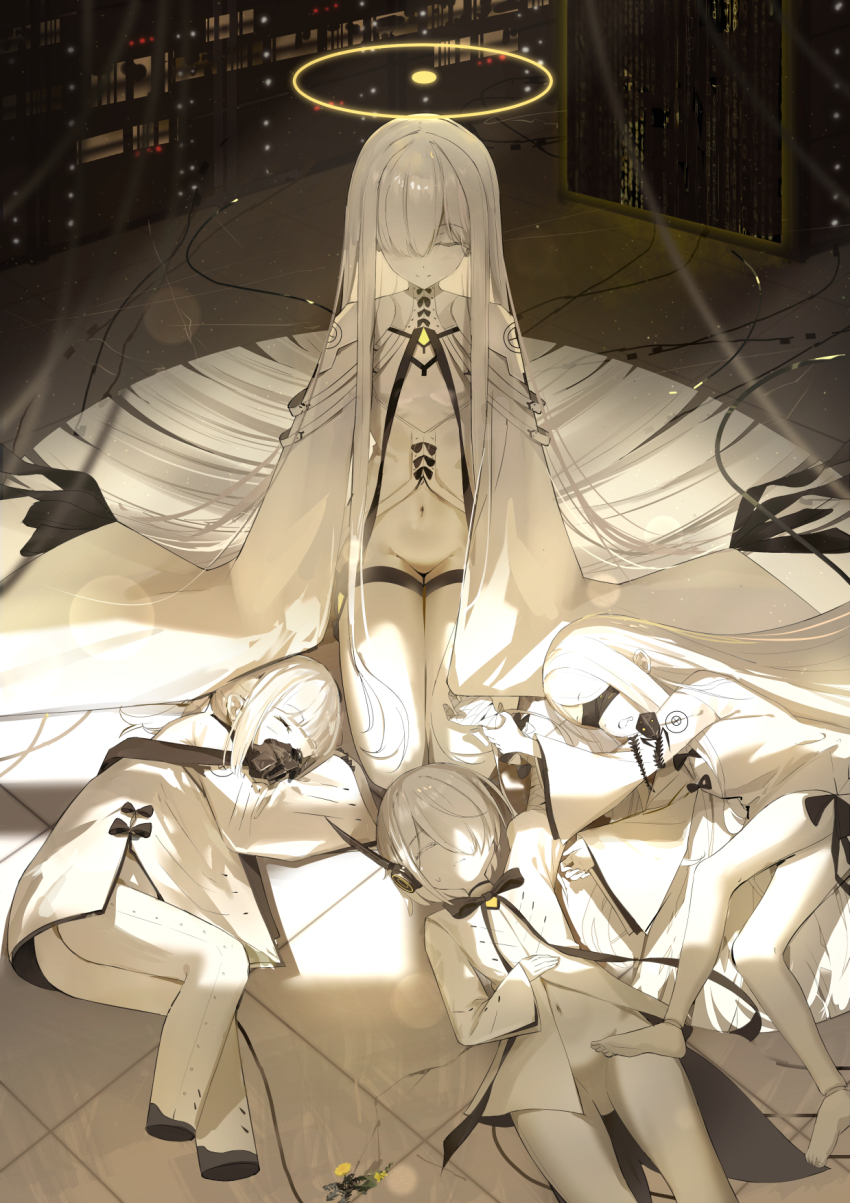 4girls black_choker black_mask blindfold blue_archive bow bowtie breasts choker closed_eyes colored_skin covered_eyes dress ein_(blue_archive) halo highres long_hair long_sleeves lying malkuth_(blue_archive) mask multiple_girls navel ohr_(blue_archive) on_back on_side one_eye_covered sangnoksu shirt sitting sleeping small_breasts smile sof_(blue_archive) thighs very_long_hair white_dress white_hair white_shirt white_skin yellow_halo
