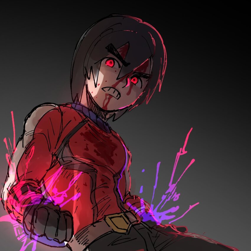 1boy alternate_eye_color aura black_gloves black_hair blood_from_forehead clenched_hands clenched_teeth dancho_no_mori dark_aura frown gloves hands_up long_sleeves looking_at_viewer male_focus mii_brawler mii_brawler_(smash_ultimate) nintendo red_eyes red_shirt red_sweater shirt short_hair solo super_smash_bros. sweater teeth upper_body v-shaped_eyebrows