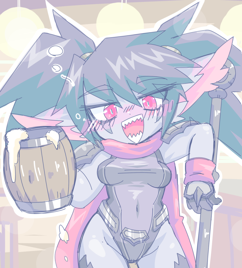 1girl alcohol arm_rest armor black_gloves black_hair black_leotard blush breasts colored_skin covered_navel cowboy_shot dot_nose drunk eyebrows facial_mark female_focus gloves grey_skin hammer holding holding_jar jar kayo!!_(gotoran) laughing league_of_legends leotard long_hair looking_at_viewer nose_blush noxus_poppy official_alternate_costume open_mouth poppy_(league_of_legends) red_eyes red_scarf scarf sharp_teeth shortstack shoulder_armor small_breasts smile solo standing teeth twintails war_hammer weapon yordle