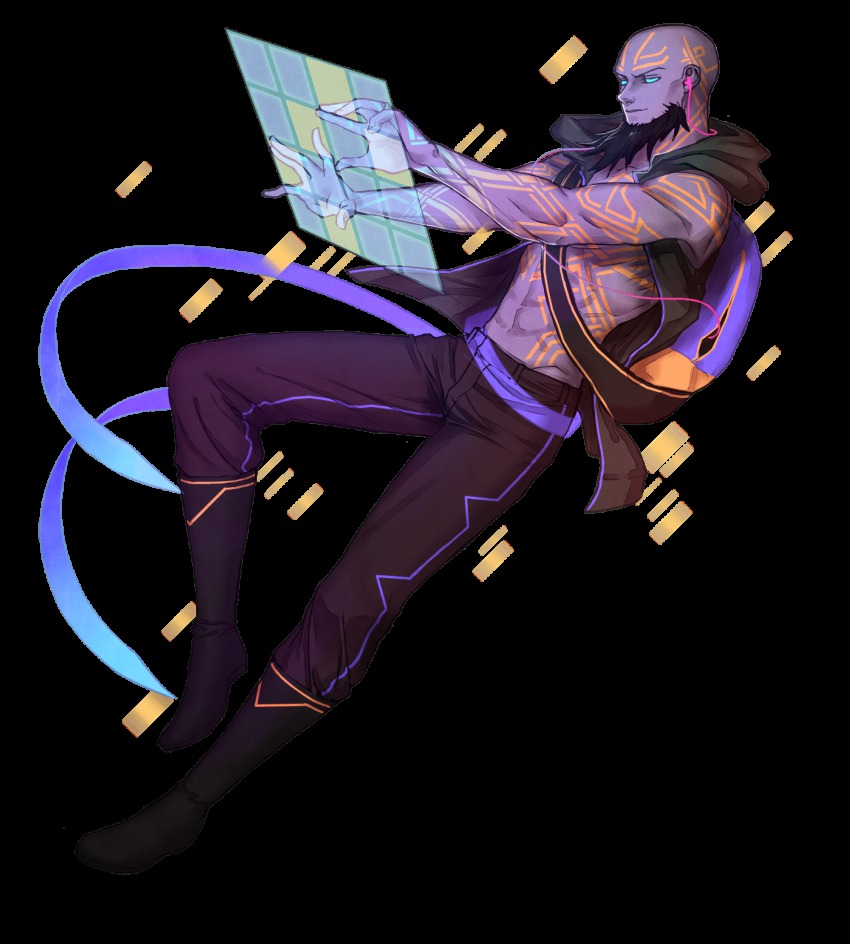 1boy alternate_costume bag bald beard black_hair blue_eyes boots colored_skin facial_hair full_body headphones highres holographic_interface indseind league_of_legends male_focus purple_skin ryze solo tattoo topless_male transparent_background