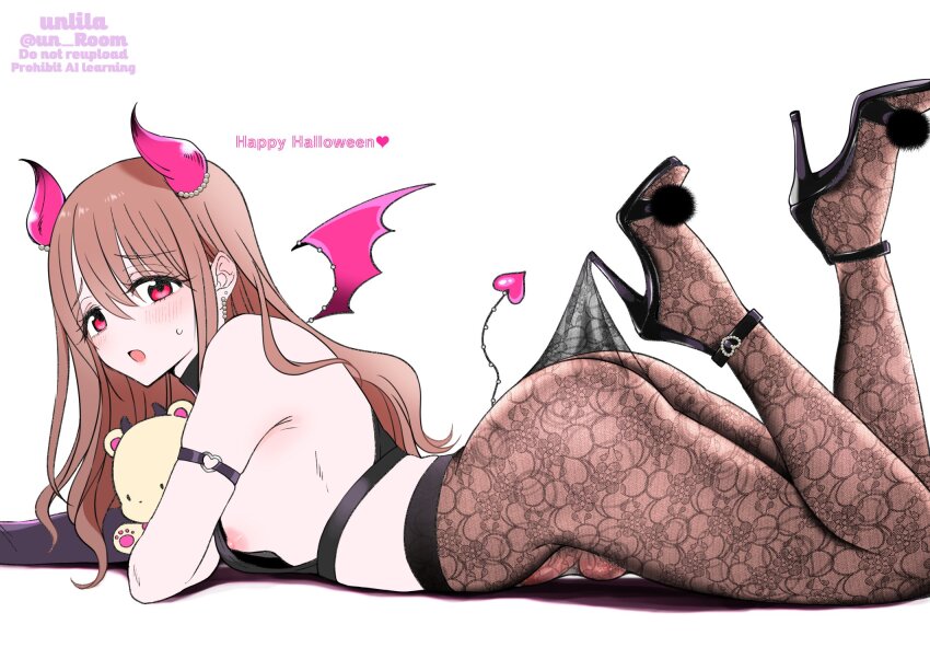 1boy ass black_bra bra brown_hair bulge crossdressing crossdressing_(mtf) demon_horns demon_tail demon_wings high_heels highres horns lace lace_pantyhose lace_pantyhose_hooked_on_heel_(meme) looking_at_viewer lying nagano_rira nipple_slip nipples no_panties on_stomach original pantyhose penis penis_peek red_eyes simple_background solo tail testicle_peek testicles trap underwear white_background wings