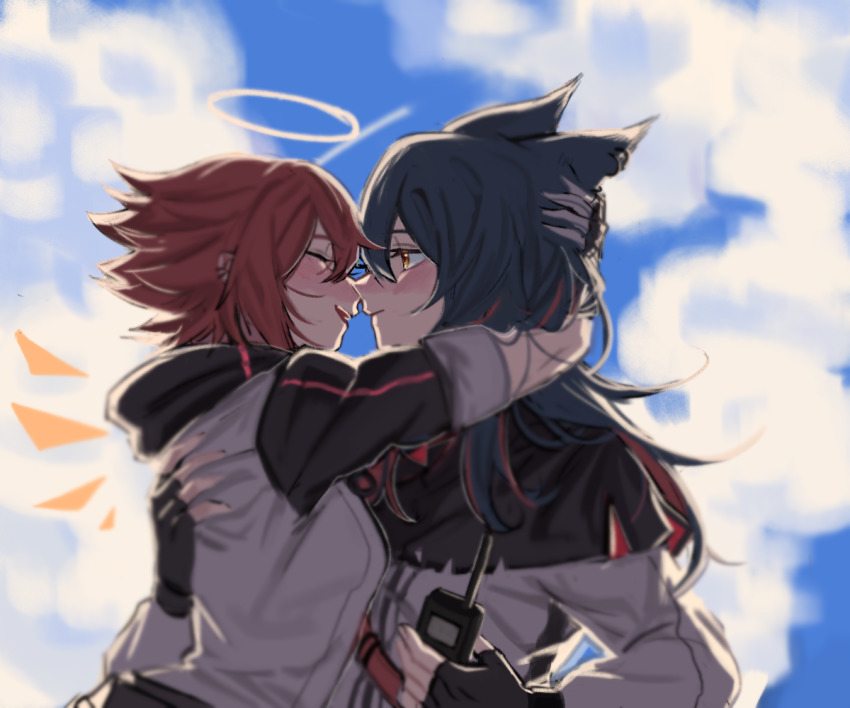 2girls animal_ears arknights black_capelet black_gloves black_hair blue_sky blush breasts capelet chinese_commentary closed_mouth cloud cloudy_sky day detached_wings earrings exusiai_(arknights) closed_eyes face-to-face fingerless_gloves from_side gloves hair_between_eyes halo hug imminent_kiss jacket jewelry kotori_(b-i-r-d) long_hair long_sleeves medium_breasts multicolored_hair multiple_girls open_mouth outdoors profile red_hair short_hair sky smile spiked_hair streaked_hair texas_(arknights) two-tone_hair upper_body walkie-talkie white_jacket wings wolf_ears yuri