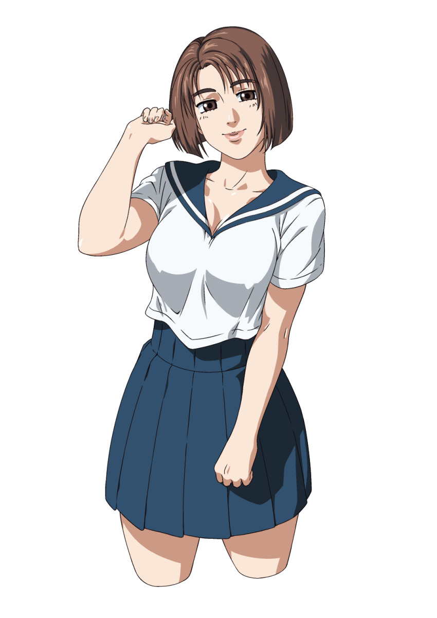 1girl antoniomalara breasts brown_eyes brown_hair cleavage commission cowboy_shot cropped_legs head_tilt highres initial_d large_breasts miniskirt mogi_natsuki pink_lips pleated_skirt school_uniform serafuku shin_gekijouban_initial_d short_hair skirt smile solo