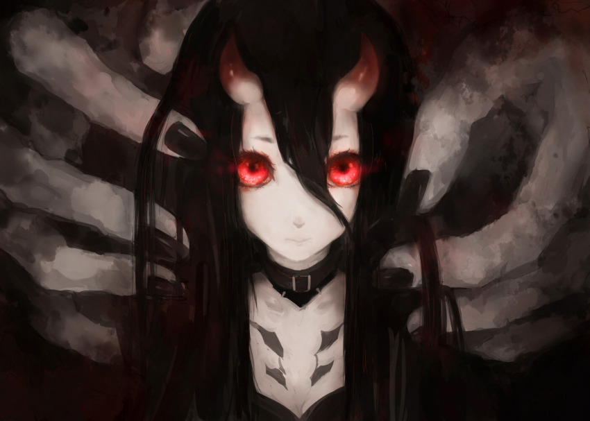 132_(bb32768) 1girl abyssal_ship bad_id bad_pixiv_id battleship_princess black_hair black_nails body_markings close-up collar colored_skin female_focus giant_hand glowing glowing_eyes hair_between_eyes horns kantai_collection long_hair looking_at_viewer red_eyes rigging solo upper_body white_skin