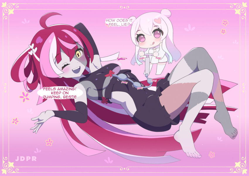 2girls ahoge airani_iofifteen arm_behind_head armpits artist_name bare_legs barefoot black_dress blush breast_expansion breasts chibi cleavage_cutout clothing_cutout dress english_text fangs fingerless_gloves gloves hair_ornament heart heart_hair_ornament hololive hololive_indonesia jdpr kureiji_ollie long_hair lying multicolored_hair multiple_girls odango_hair on_back one_eye_closed patchwork_skin pink_hair pump pumping purple_eyes red_hair ribbon sleeveless sleeveless_dress small_breasts smile toenails toes tongue tongue_out very_long_hair virtual_youtuber white_dress white_hair wink yellow_eyes