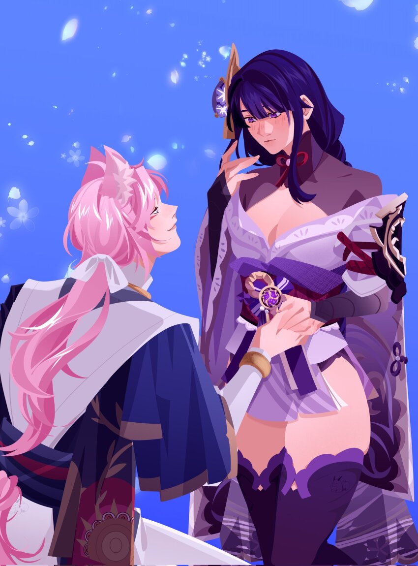 1boy 1girl alternate_costume animal_ears blue_background blue_sky blunt_bangs blush breasts bridal_gauntlets cleavage commentary commission covered_collarbone electro_symbol_(genshin_impact) english_commentary facial_mark falling_petals fox_boy fox_ears from_behind from_side genshin_impact glowing glowing_petals hair_ornament hand_up hetero highres holding_hands japanese_clothes kimono kokoaflk large_breasts light_smile lingerie long_hair looking_at_another looking_down looking_up low_ponytail neck_ribbon oc_x_canon off_shoulder on_one_knee original outdoors pants petals pink_hair ponytail purple_eyes purple_hair purple_kimono purple_thighhighs raiden_shogun red_ribbon red_sash ribbon sash shade shy sky star_(symbol) thick_thighs thighhighs thighs underwear vgen_commission white_pants wide_sleeves