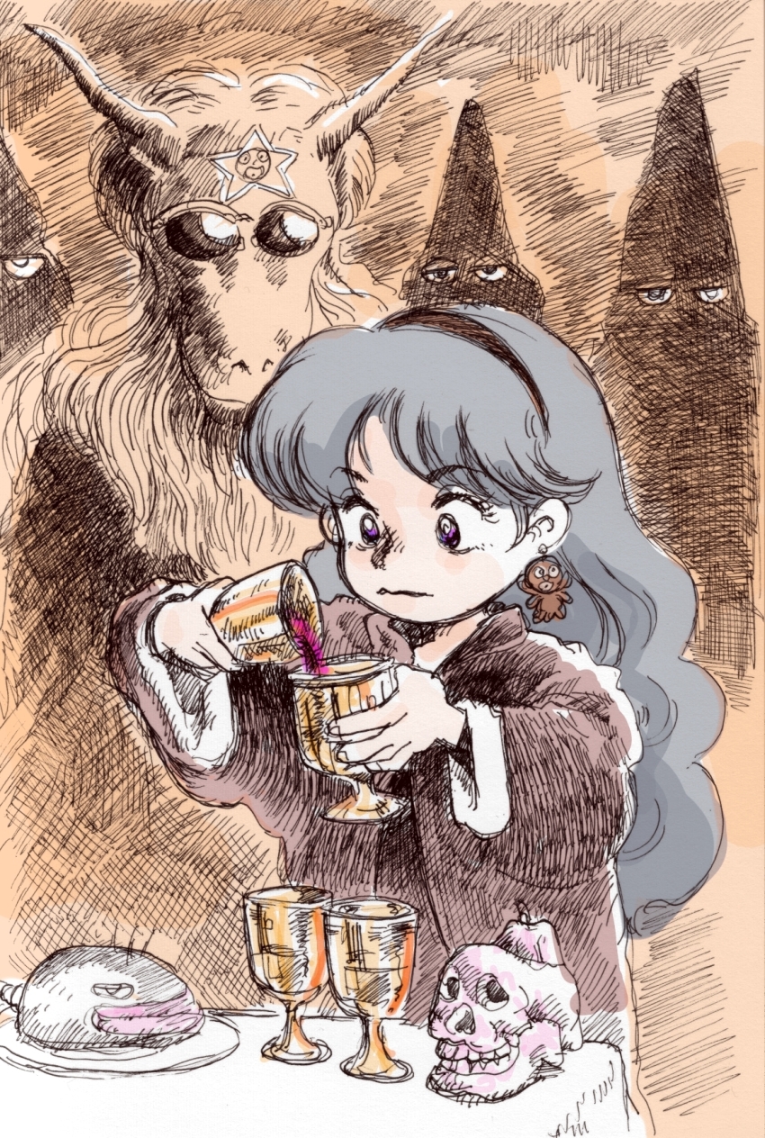 alcohol baphomet_(mythology) black_hairband candle chalice cup earrings eko_eko_azarak grey_hair hairband highres holding holding_cup jewelry kuroi_misa long_hair occult partially_colored pentagram pouring robe sabaoyaji sketch skull solo_focus table wine witch