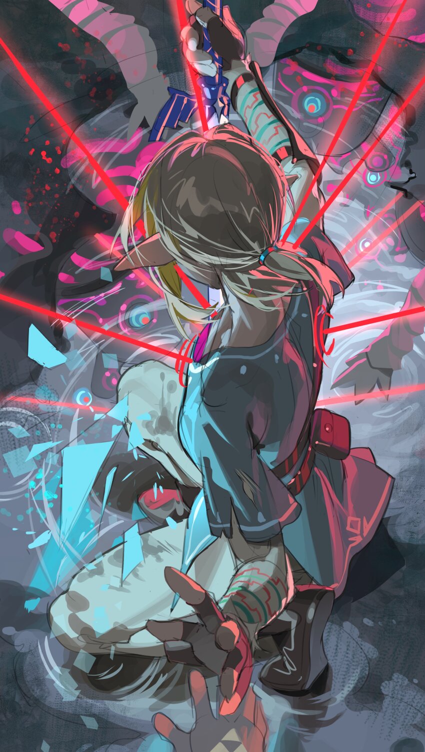 1boy absurdres back blue_tunic brown_gloves champion&#039;s_tunic_(zelda) fingerless_gloves gloves grey_pants hair_tie hand_up highres holding holding_sword holding_weapon link male_focus master_sword nintendo omurice_(304975636) pants pointy_ears ponytail pouch shirt short_ponytail short_sleeves solo_focus sword the_legend_of_zelda the_legend_of_zelda:_breath_of_the_wild tunic weapon white_shirt