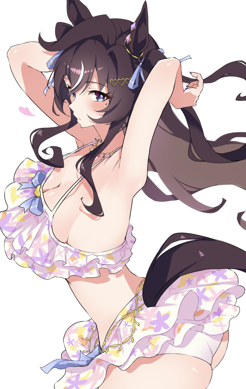 1girl absurdres animal_ears anok7456 armpits arms_up ass bikini bikini_skirt blue_eyes blush breasts brown_hair commentary_request ear_ornament floral_print floral_print_bikini frilled_bikini frills hair_between_eyes heart highres horse_ears horse_girl horse_tail large_breasts long_hair mole mole_under_eye multicolored_hair official_alternate_costume official_alternate_hairstyle pink_bikini print_bikini ribbon ruffle_bikini simple_background solo streaked_hair swimsuit tail umamusume vivlos_(eclat_d&#039;ete)_(umamusume) vivlos_(umamusume) white_background white_streaks
