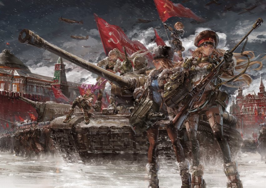 airplane army blonde_hair blue_eyes bolt_action boots grey_hair gun hammer_and_sickle highres is-2 kishiyo kremlin kv-2 long_hair mecha_musume military military_uniform military_vehicle mosin-nagant motor_vehicle panzer_waltz pink_hair ponytail purple_eyes red_eyes rifle russian_text short_hair sky snow tank twintails ussr weapon