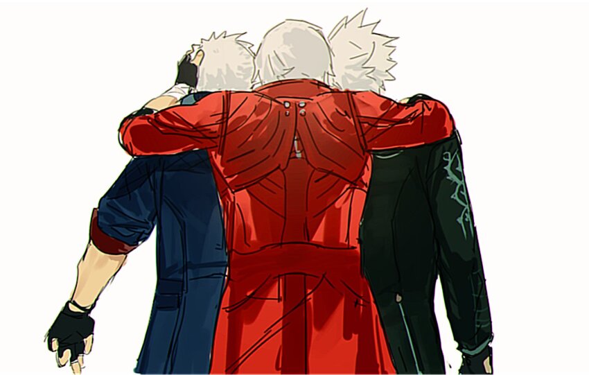 3boys 469nn arm_around_shoulder bandages black_coat black_gloves blue_coat brothers coat commentary cowboy_shot dante_(devil_may_cry) devil_may_cry_(series) devil_may_cry_5 father_and_son fingerless_gloves from_behind glove_cutout gloves hand_on_another&#039;s_head hashtag-only_commentary long_sleeves male_focus multiple_boys nero_(devil_may_cry) red_coat short_hair siblings simple_background sketch sleeves_rolled_up spiked_hair twins uncle_and_nephew vergil_(devil_may_cry) white_background white_hair