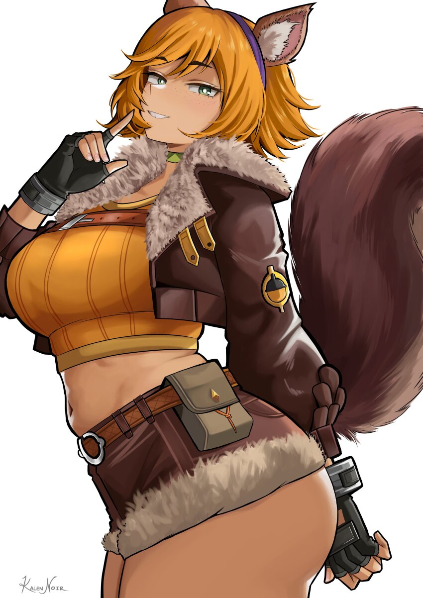 1girl absurdres animal_ears artist_name black_gloves breasts brown_hair brown_jacket brown_shorts choker fingerless_gloves freckles gloves green_choker green_eyes highres jacket kalennoir large_breasts looking_at_viewer marvel marvel_rivals midriff navel open_clothes open_jacket plump short_hair short_shorts shorts squirrel_ears squirrel_girl squirrel_girl_(marvel) squirrel_tail tail tank_top white_background