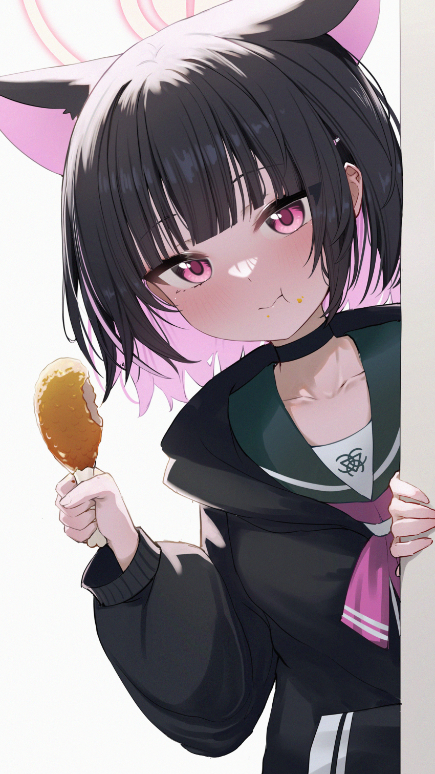 1girl absurdres animal_ears black_hair blue_archive blush boned_meat cat_ears cat_girl closed_mouth colored_inner_hair eating extra_ears food green_sailor_collar hair_ornament hairclip halo highres kazusa_(blue_archive) looking_at_viewer meat multicolored_hair neckerchief number-only_commentary pink_eyes pink_hair pink_neckerchief sailor_collar school_uniform two-tone_hair wendao white_background