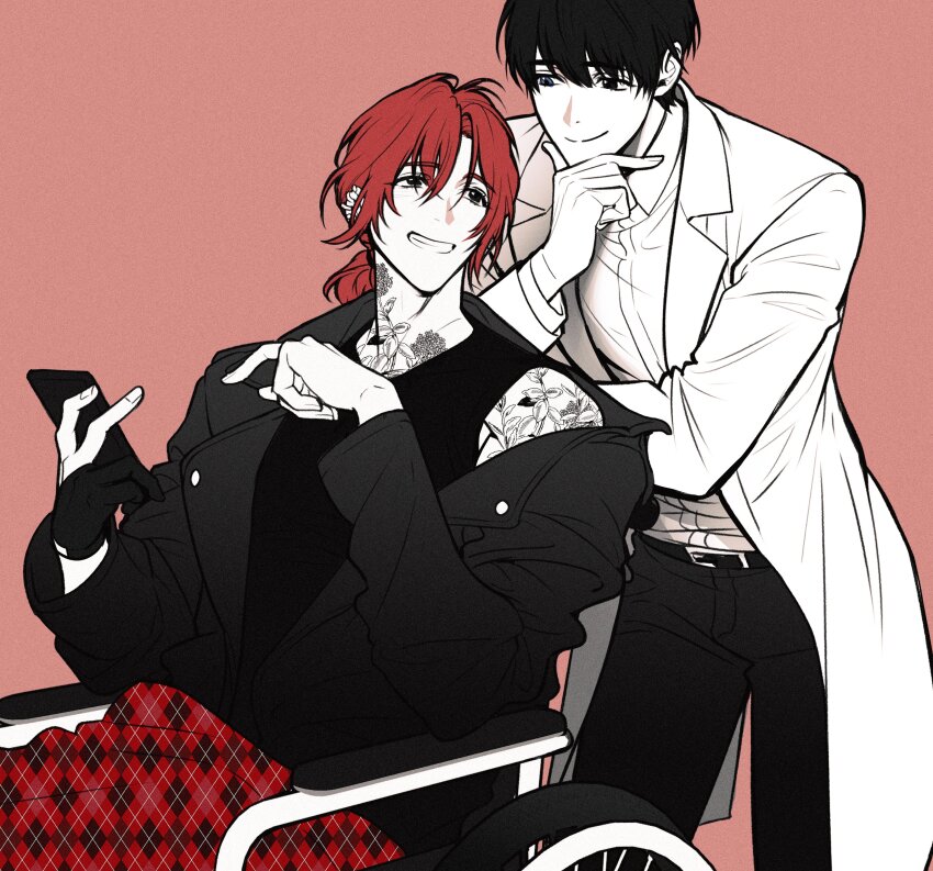 2boys absurdres black_hair closed_mouth collared_shirt commentary_request eoduun_badaui_deungbul-i_doeeo flower_tattoo hand_on_own_chin highres holding holding_phone jacket kim_jaehee korean_commentary lab_coat long_sleeves looking_at_another male_focus multiple_boys neck_tattoo padakpadak_88 pants park_moo-hyun phone prosthetic_fingers red_hair shirt short_hair shoulder_tattoo simple_background sitting smile standing tattoo wheelchair