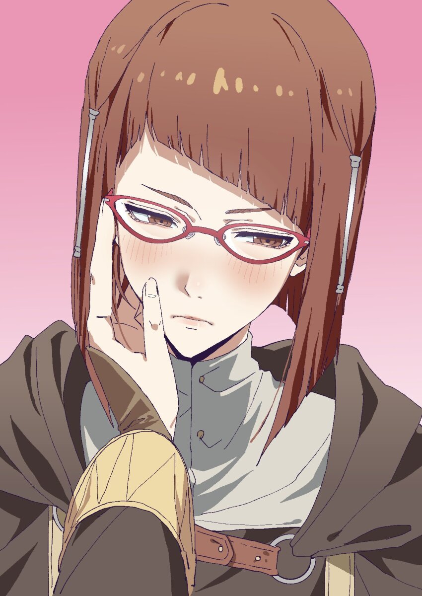 1girl 1other black_robe blunt_ends blush closed_mouth commentary_request diagonal_bangs eyelashes fire_emblem fire_emblem_awakening glasses gradient_background hand_on_another&#039;s_face highres medium_hair miriel_(fire_emblem) nintendo no_headwear pink_background pink_lips pov pov_hands red-framed_eyewear red_eyes red_hair robe robin_(fire_emblem) simple_background tsujii_luki upper_body