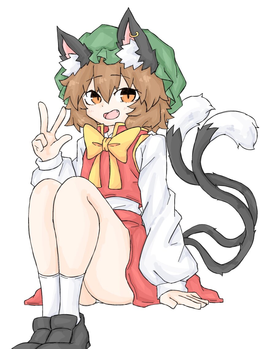 1girl animal_ear_fluff animal_ear_piercing animal_ears arm_support ass bow bowtie brown_eyes brown_hair cat_ears cat_tail chen commentary_request double-parted_bangs earrings fang flat_chest frills full_body fumomono hair_between_eyes hand_up hat highres jewelry knees_up legs_together light_blush long_sleeves messy_hair mob_cap multiple_tails nekomata open_mouth panties panty_peek puffy_long_sleeves puffy_sleeves red_skirt red_vest shoes short_hair single_earring sitting skirt skirt_set slit_pupils smile socks solo tail touhou two_tails underwear upskirt vest w yellow_bow yellow_bowtie